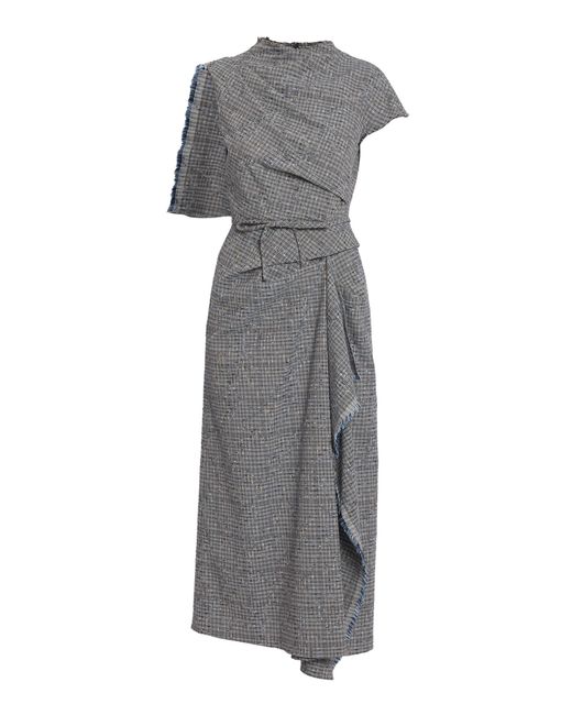 Erdem Gray Donegal Checkered Asymmetric Midi Dress