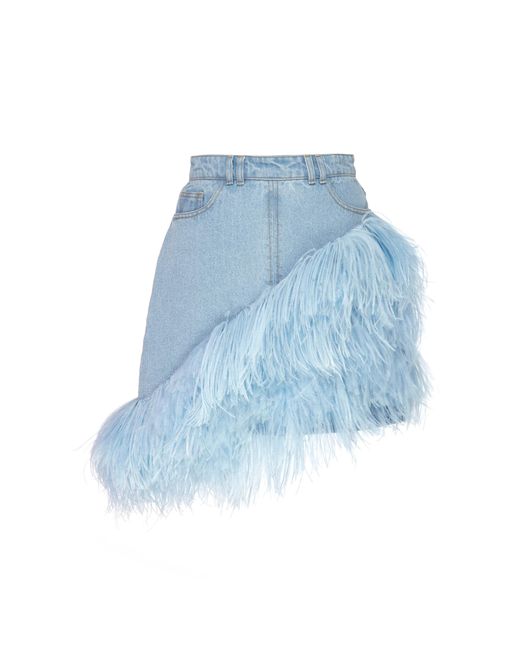 David Koma Blue Feather-trimmed Denim Mini Skirt
