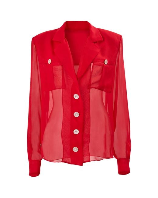 Carolina Herrera Red Patch-Pocket Silk Chiffon Blouse