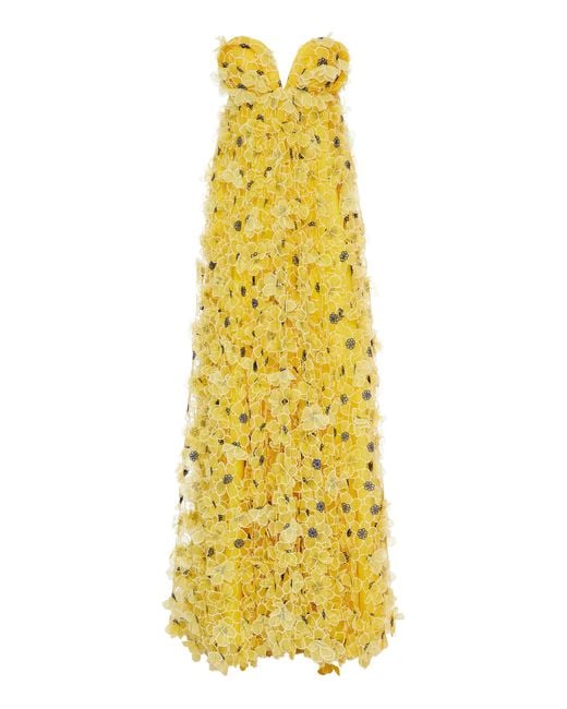 Carolina Herrera Yellow Daisy Applique Silk Gown