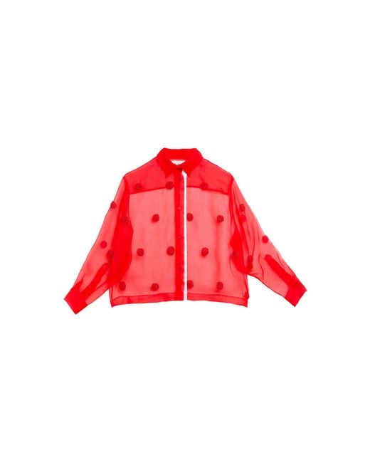 DES_PHEMMES Red Beaded Silk-Chiffon Shirt