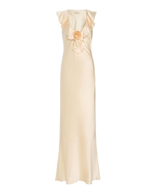De La Vali White Nema Ruffled Silk-Blend Satin Maxi Slip Dress