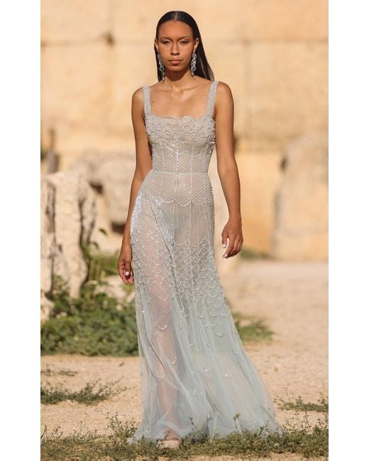 Georges Hobeika Natural Embellished Tulle Maxi Dress