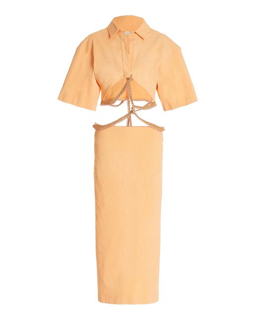 Christopher Esber Orange Beaded Linen-blend Midi Shirt Dress