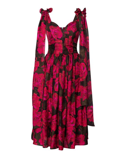 Lena Hoschek Red Swoon Silk Tie-Detailed Peasant Midi Dress
