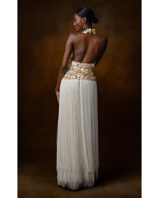 Kilentar Rike Fringed Shell-Embellished Silk Maxi Dress in White | Lyst  Canada