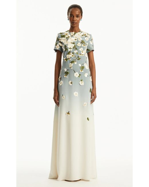 Oscar de la Renta White Embroidered Stretch-Silk Gown