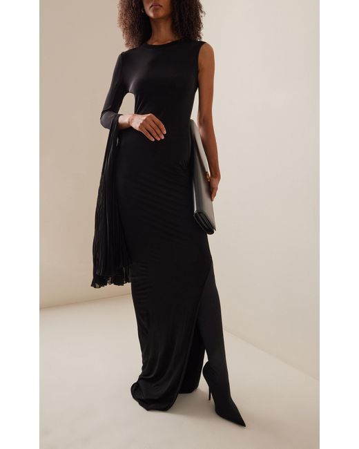 Nensi Dojaka Black Chiffon-detailed One-shoulder Jersey Maxi Dress