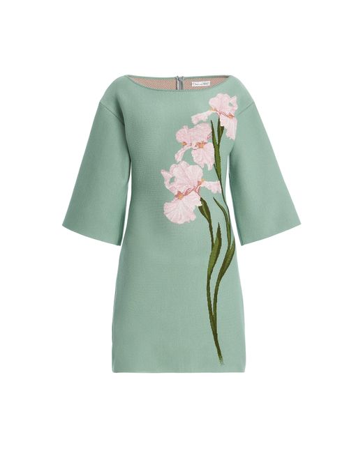 Oscar de la Renta Green Floral Jacquard Knit Mini Dress