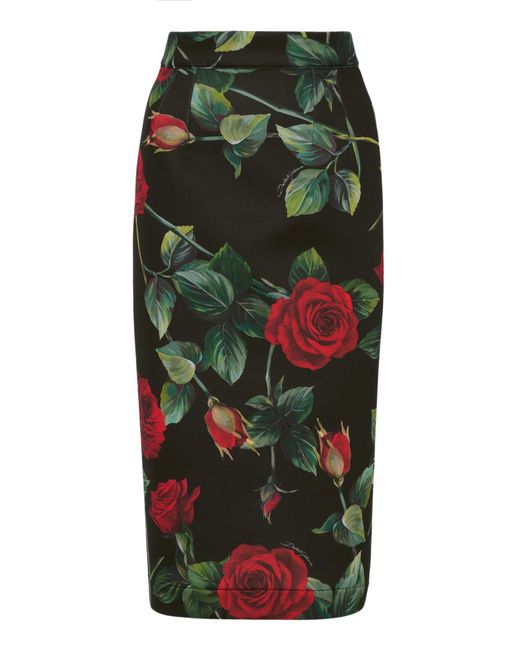 Dolce & Gabbana Green Rose-print Neoprene Midi Pencil Skirt