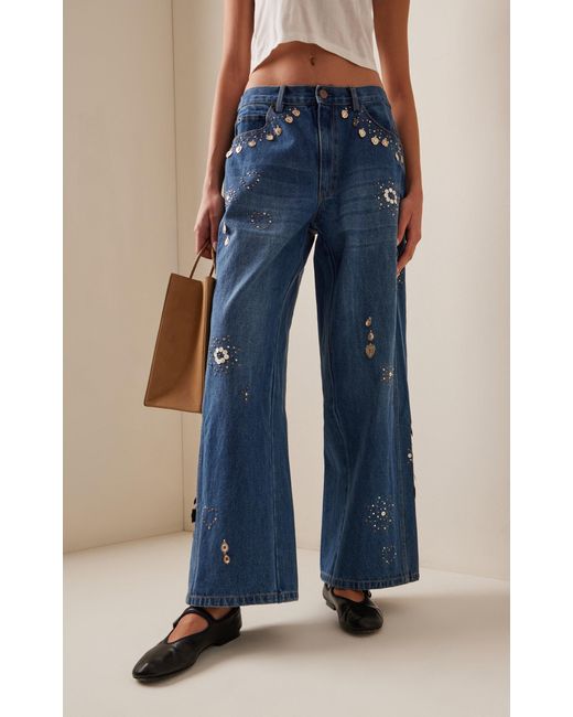 Sea Blue Betina Beaded Rigid Low-rise Wide-leg Jeans