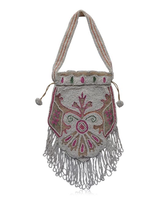 Lucia Zolea White Colored Glass Beaded Fringed Purse