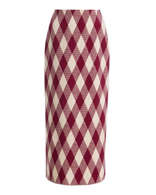 Oscar de la Renta Red Argyle Wool-Blend Midi Pencil Skirt