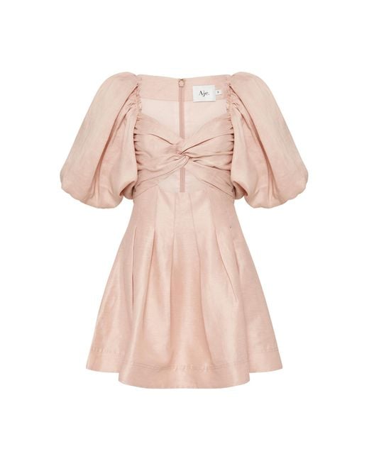 Aje. Linen Dusk Knot Puff Sleeve Mini Dress in Pink | Lyst