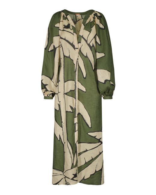 Johanna Ortiz Green Weaving Weves Printed Linen Midi Dress Palm Beach