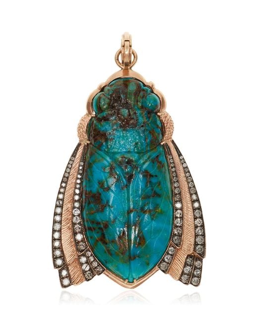 Sylva & Cie Blue Kingman 14k Rose Gold Diamond And Turquoise Scarab Pendant