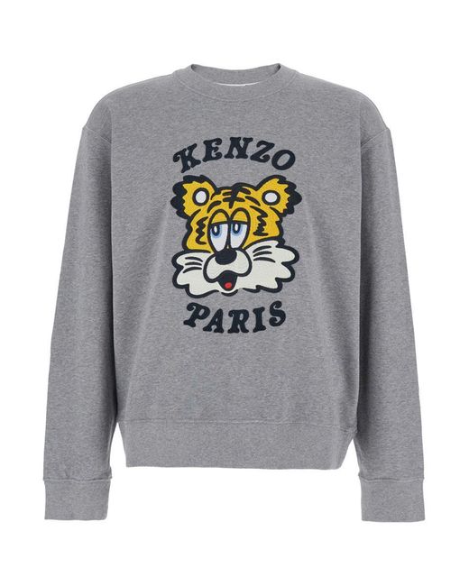 KENZO Gray 'Verdy Market' Crewneck Sweatshirt With Dropped Shoulders And Maxi Logo Embroidery On The Front for men