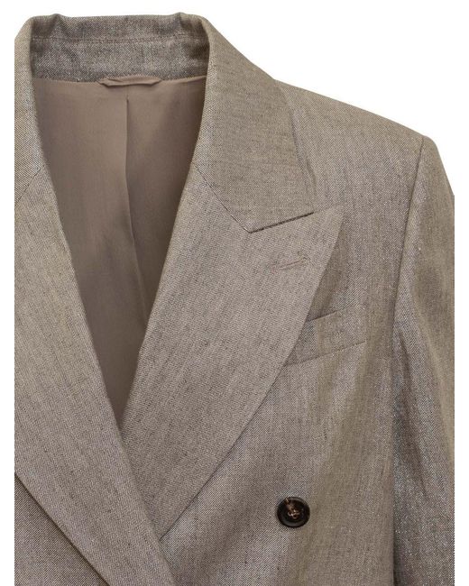 Brunello Cucinelli Gray Metallic Double-Breasted Jacket With Peak Revers