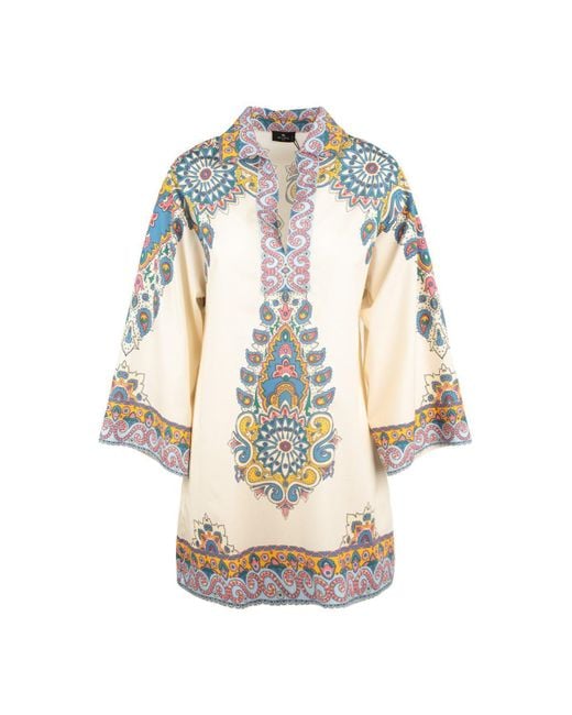 Etro Metallic Ivory Cotton Kaftan Dress With Multicolored Paisley Pattern