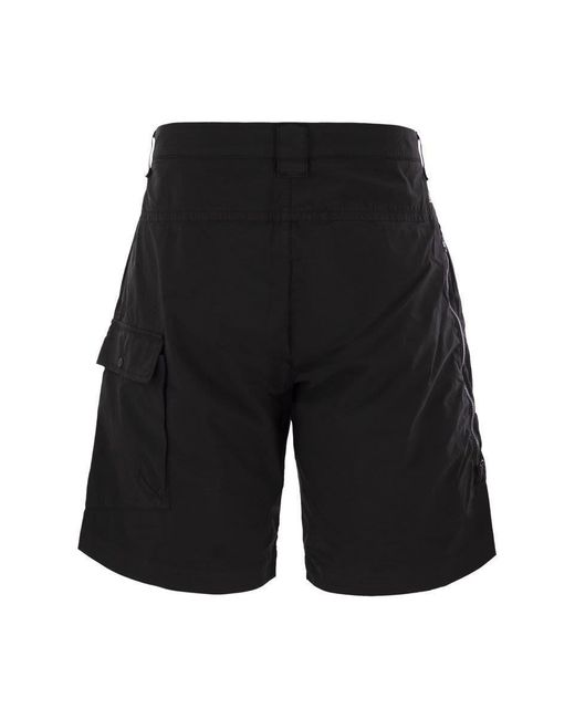 C P Company Black Cotton Cargo Shorts With Lens for men