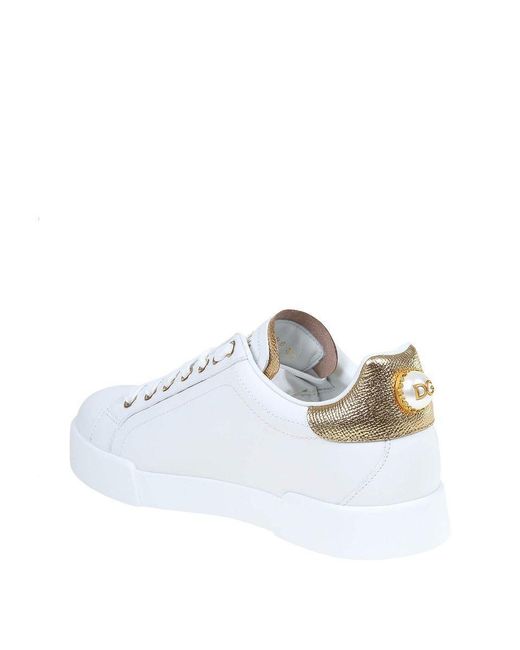 Dolce & Gabbana White Portofino Leather Sneakers With Metallic Inserts