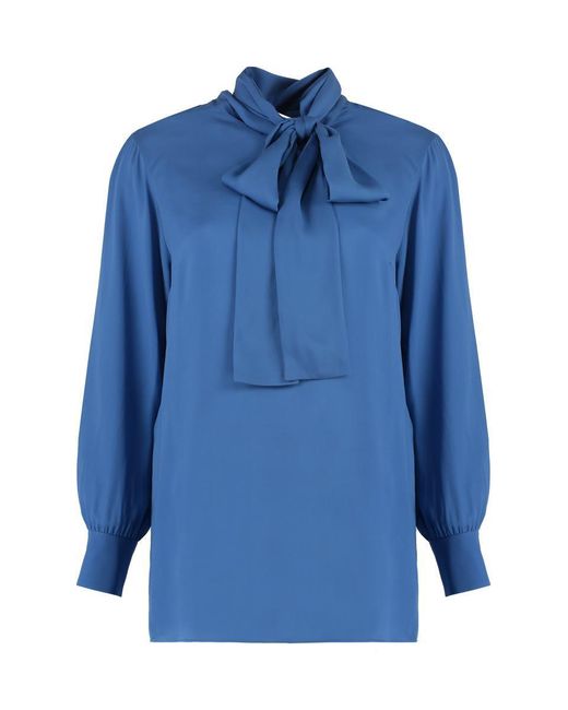 Gucci Blue Georgette Pussy-Bow Shirt With Logo Detail Buttons And Buttoned Cuffs