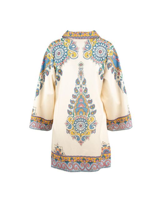 Etro Metallic Ivory Cotton Kaftan Dress With Multicolored Paisley Pattern