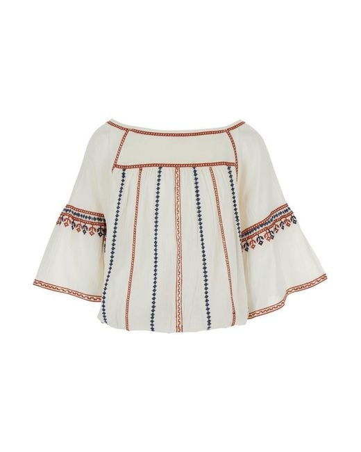 M.A.B.E White Top With V Neck On The Front And All-Over Embroidered Motif