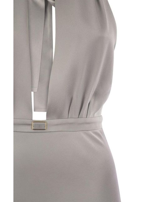 Elisabetta Franchi Gray Satin Midi Dress With Asymmetric Skirt