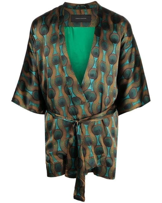 OZWALD BOATENG Green Printed Silk Short Kimono for men