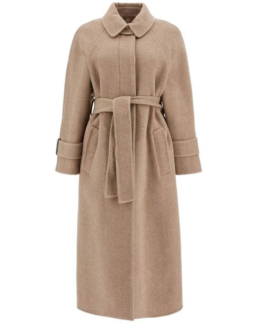 Brunello Cucinelli Natural Wool And Cashmere Coat With Belt