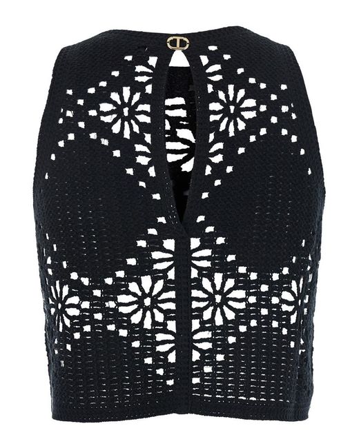 Twinset Blue Top With Knitted Design And All-Over Floral Embroidery