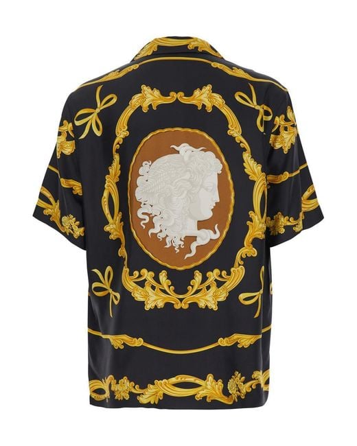 Versace Black Shirt With Cuban Collar And All-Over Graphic Print for men