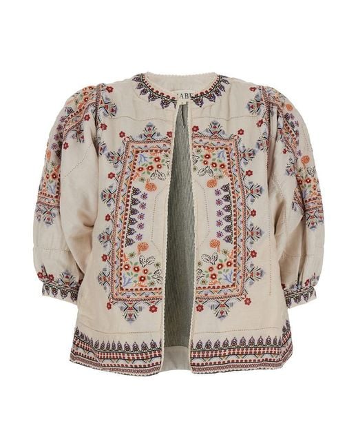 M.A.B.E Natural 'Eden' Jacket With Puffed Sleeves And All-Over Floral And Geometric Print