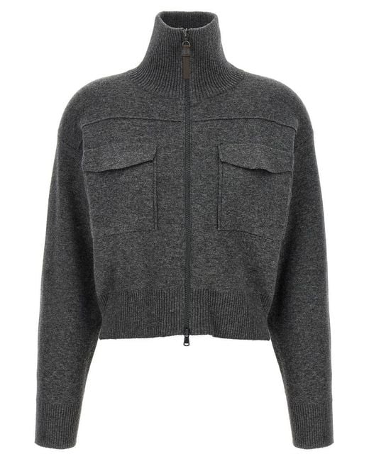 Brunello Cucinelli Gray 'Shiny Zipper Pull' Wool Cardigan