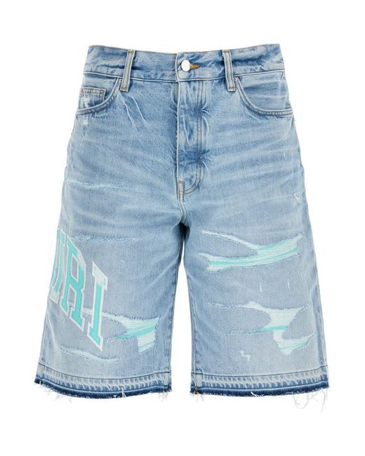 Amiri Blue Denim Logo Varsity Bermuda Shorts for men