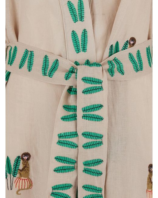 Nimo With Love White Cardigan With All-Over Applied Embroidery And Waist Belt