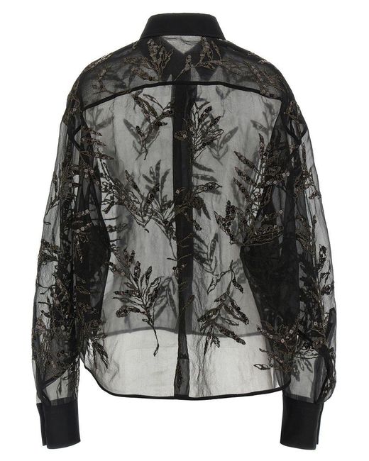 Brunello Cucinelli Black 'Glistening Flora Embroidery' Shirt
