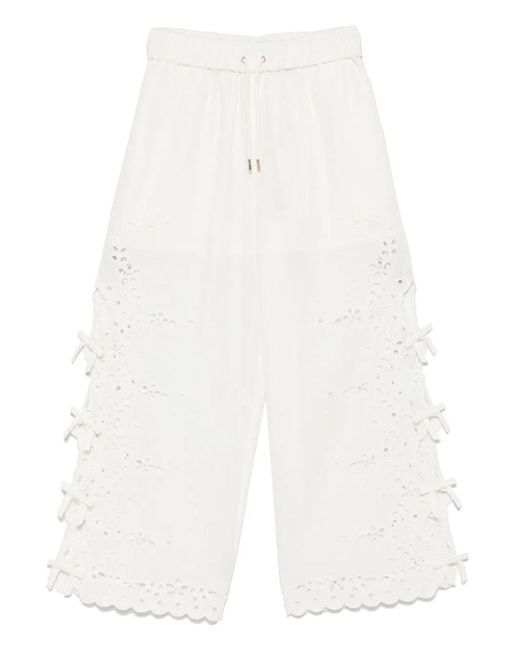 Self-Portrait White Cream Linen Embroidered Trousers