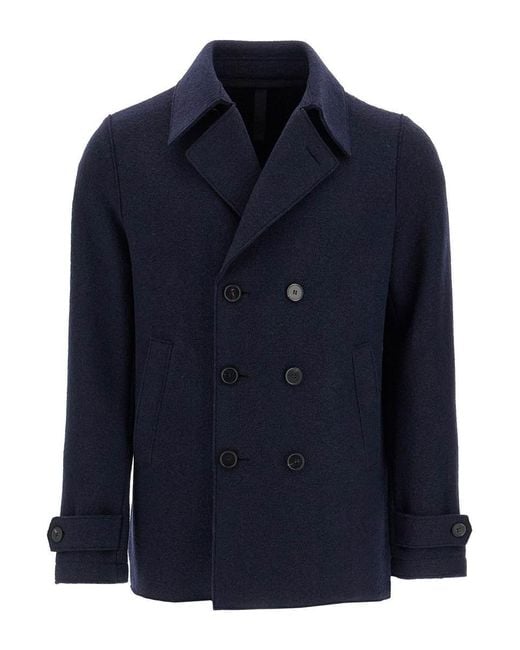 Harris Wharf London Blue Double-Breasted Woolen Caban for men