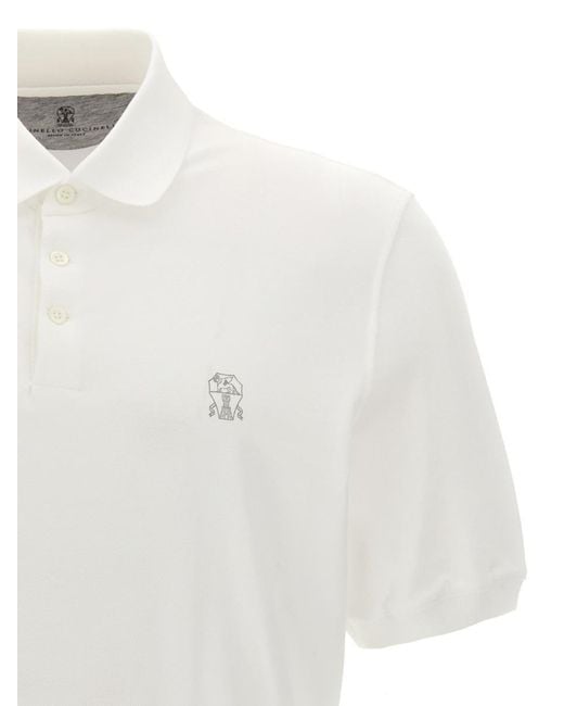 Brunello Cucinelli White Logo Print Polo Shirt for men