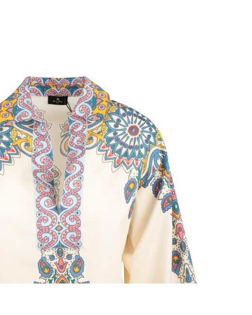 Etro Metallic Ivory Cotton Kaftan Dress With Multicolored Paisley Pattern