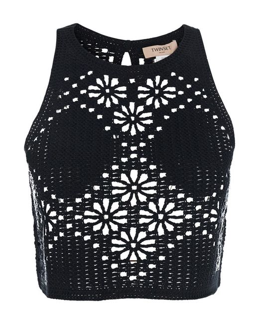 Twinset Blue Top With Knitted Design And All-Over Floral Embroidery