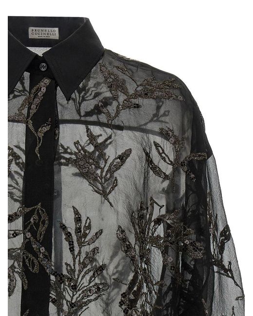 Brunello Cucinelli Black 'Glistening Flora Embroidery' Shirt