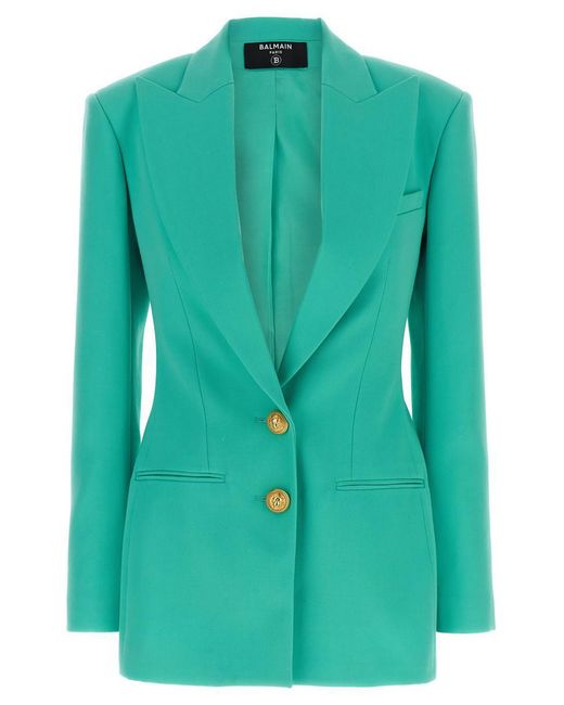 Balmain Green Logo Button Double-Breasted Blazer