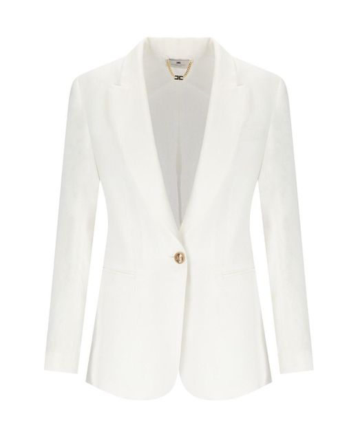 Elisabetta Franchi White Ivory Linen Blend Single-Breasted Jacket