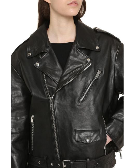 Gucci Black Leather Jacket With Waist Belt For