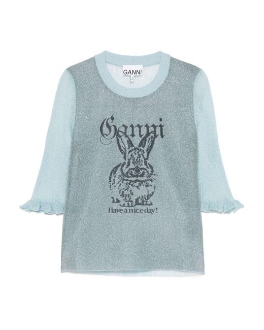 Ganni Bunny Crewneck Top in Blue | Lyst
