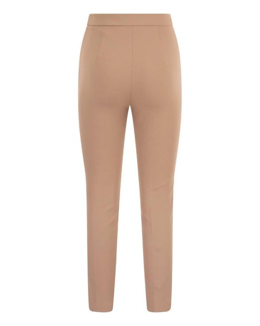 Elisabetta Franchi Natural Straight Crepe Trousers With Logo Plaques