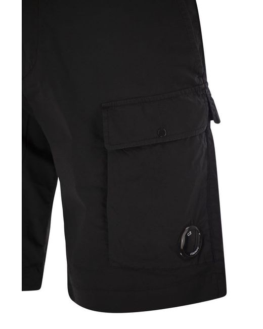 C P Company Black Cotton Cargo Shorts With Lens for men